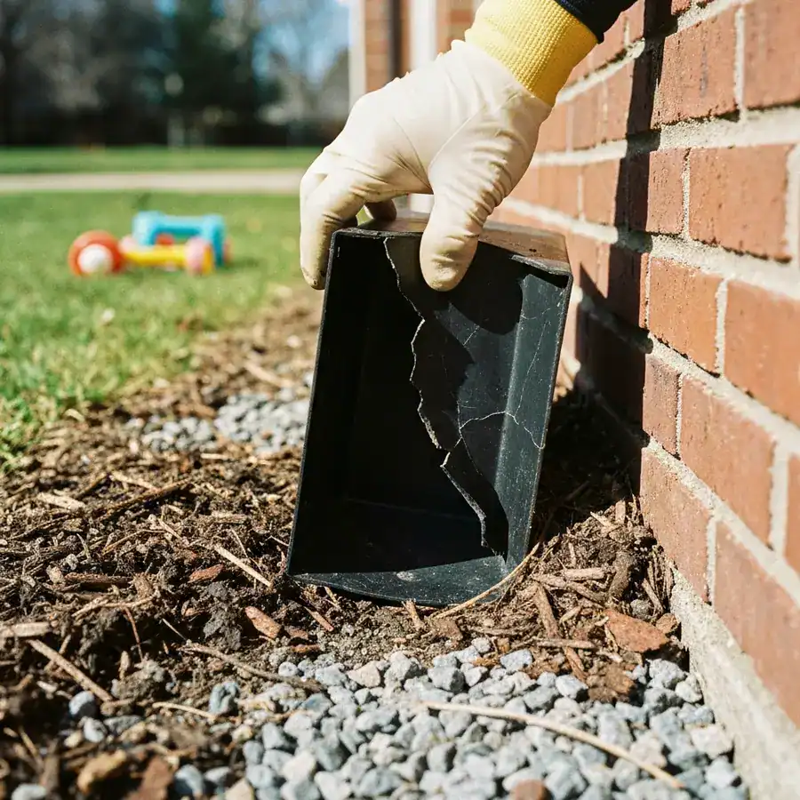 Cracked black plastic bait station showing structural failure against a brick residential foundation.