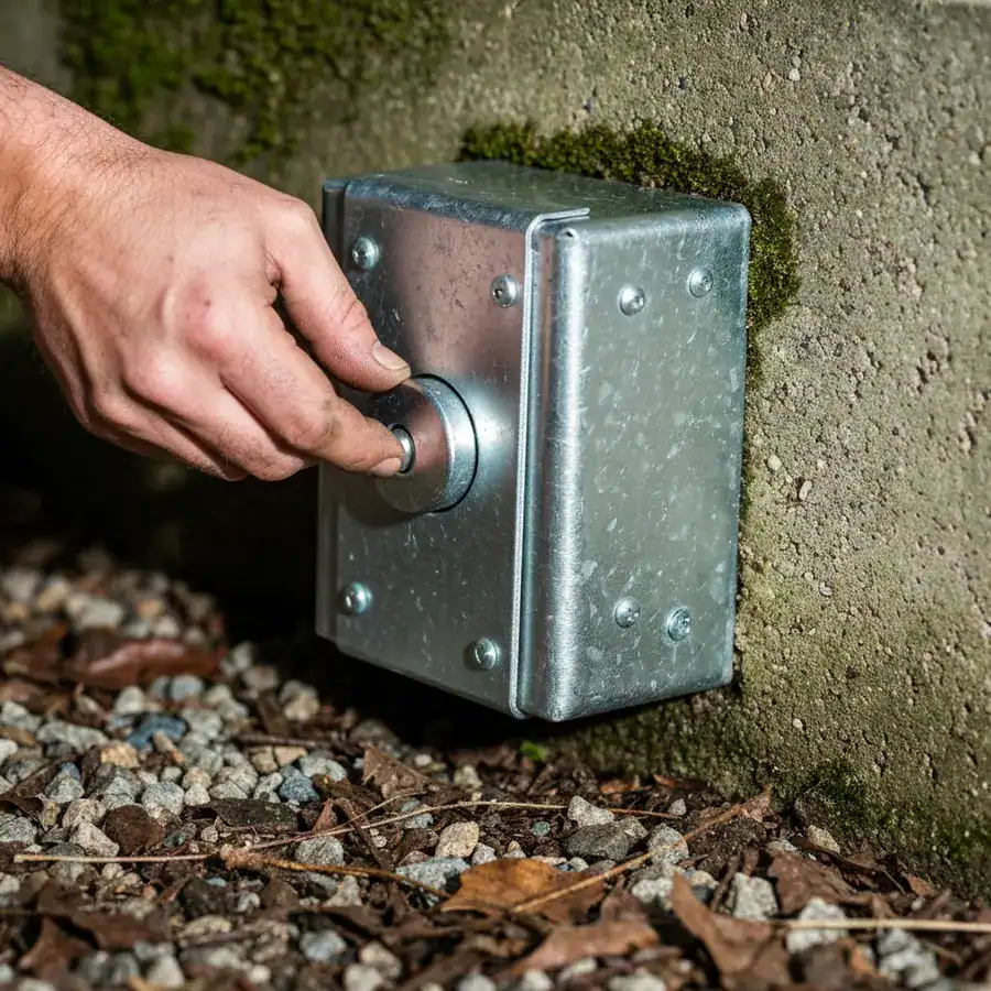 Close-up of a galvanized steel rodent bait station with a heavy lock against a gritty barn foundation.