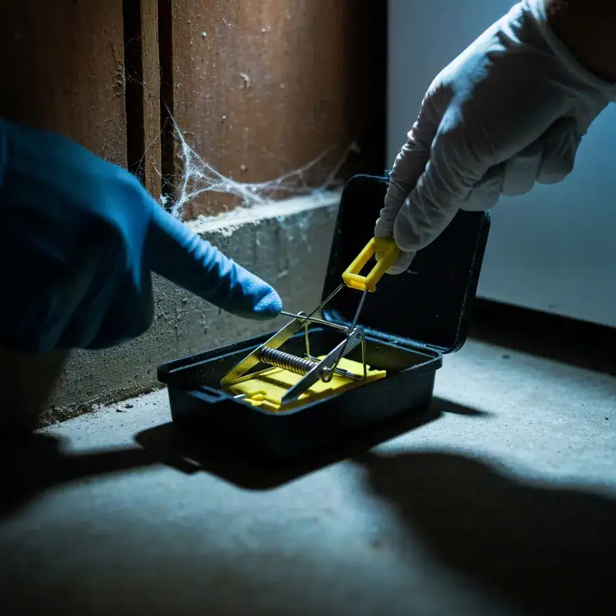 Snap trap being set inside a protective bait station on a dusty concrete floor near a basement appliance.
