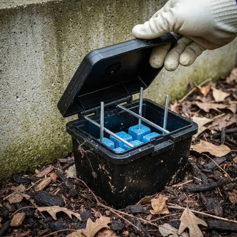 Metal rods securing bait blocks inside a tamper-resistant station on mulch against a concrete building foundation.