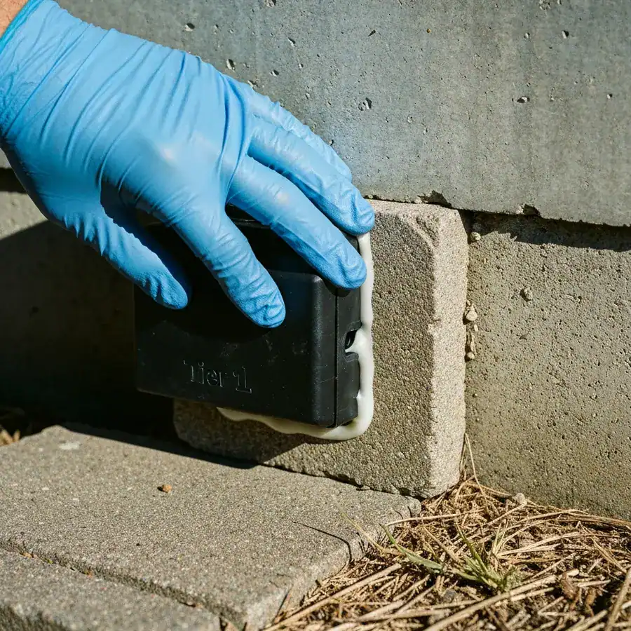 Gloved hand pressing a bait station onto a pavement stone with liquid nails against a concrete wall.