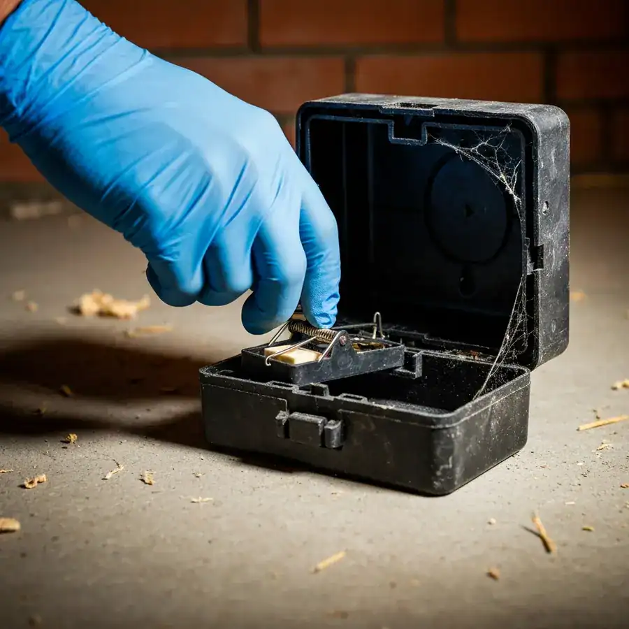 Gloved hand sliding a snap trap into a black bait station on a dusty, unfinished concrete basement floor.