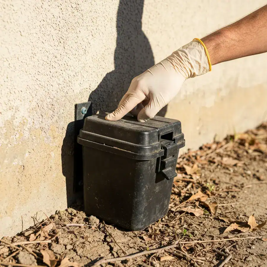 Gloved hand checking a locked black tamper-resistant bait station against a weathered concrete building foundation.