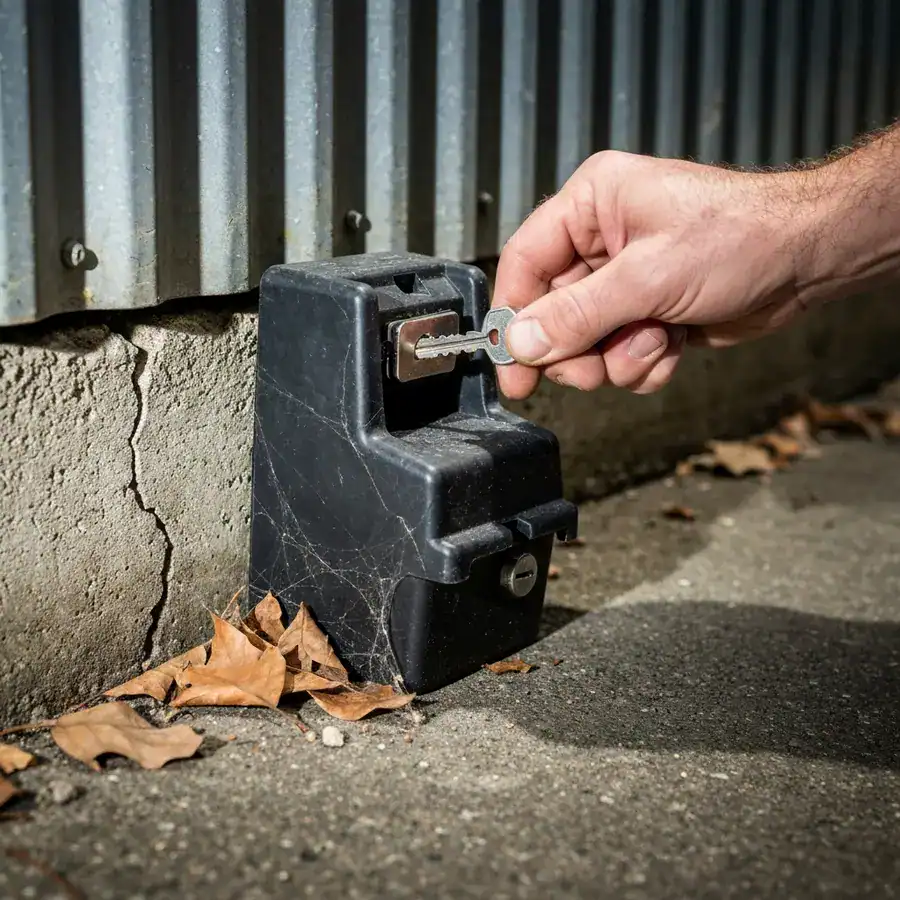 Hand unlocking a black tamper-resistant bait station bolted to a cracked concrete foundation near an industrial wall.