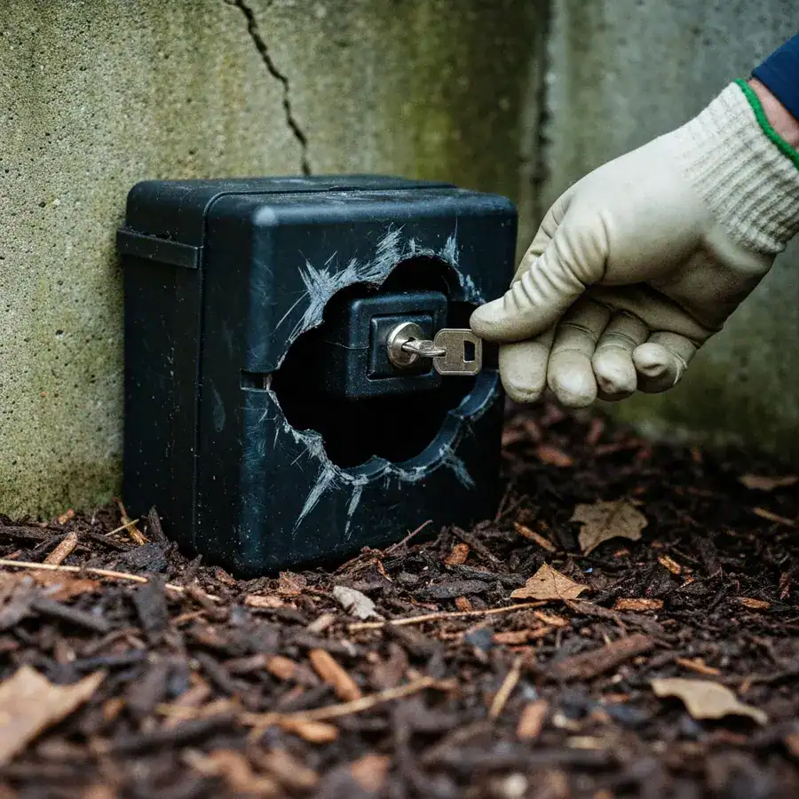 Close-up of a scarred Tier 1 bait station being inspected by a technician near a concrete foundation wall.