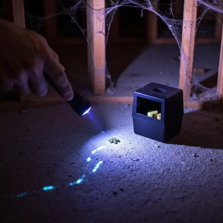 UV flashlight illuminating glowing rodent droppings on a dusty basement floor next to a black bait station.