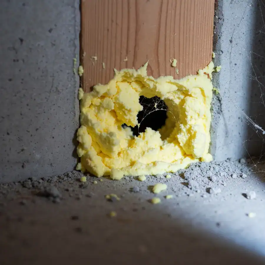 Yellow expanding foam shredded with rodent gnaw marks at a concrete foundation and wooden joist intersection.