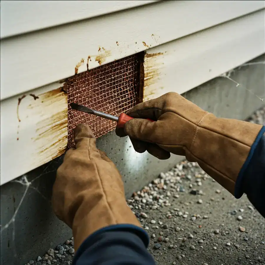 Leather-gloved hand packing copper mesh into a greasy gap with sebum stains on vinyl siding.