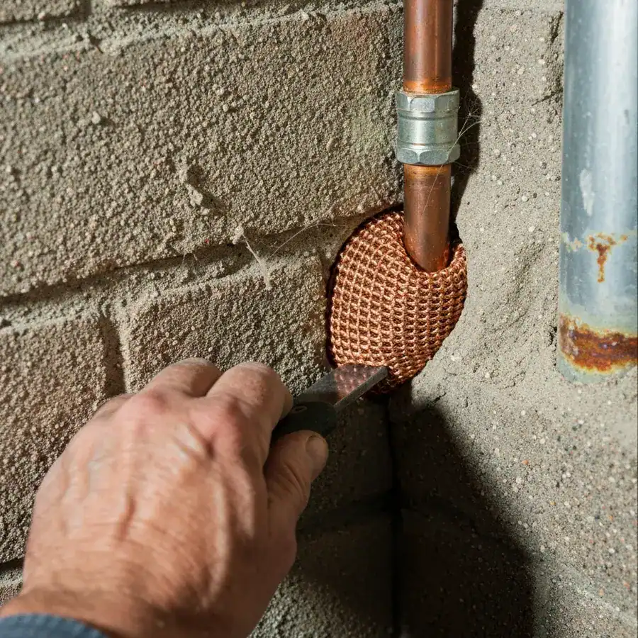 Close-up of knitted copper mesh packed into a gap around an HVAC line on a textured brick exterior wall.