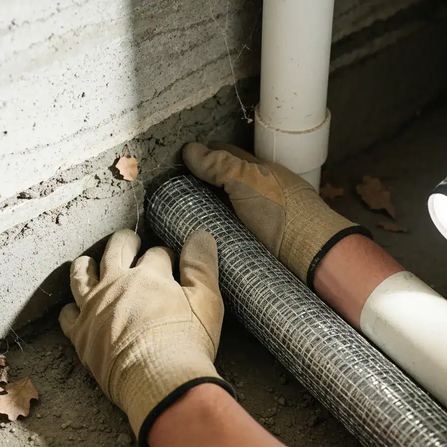 Close-up of stainless steel mesh being tucked into a foundation gap around a pipe in a dusty crawlspace.
