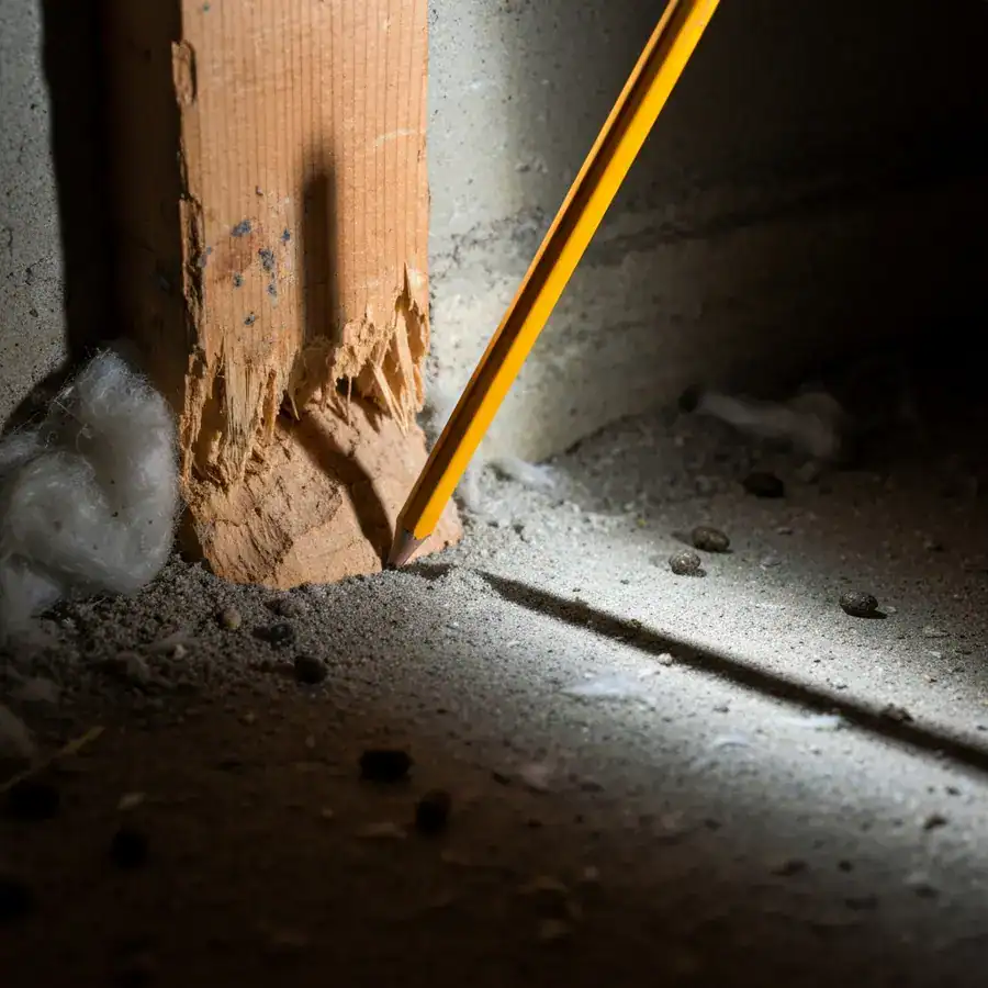 Yellow No. 2 pencil inserted into a jagged gap in a baseboard, demonstrating a mouse entry point in a dusty attic corner.
