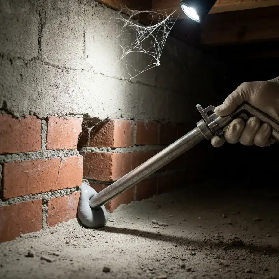 Close-up of a metal foam gun injecting sealant into a brick crevice within a dusty residential crawlspace.