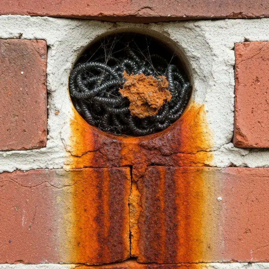 Rusted steel wool in a brick weep hole with orange oxidation streaks running down white mortar on a home exterior.
