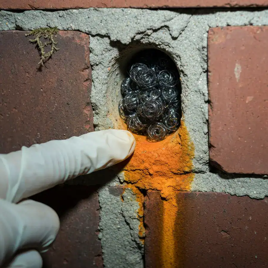 Close-up of rusted steel wool staining a brick weep hole orange on a home foundation.