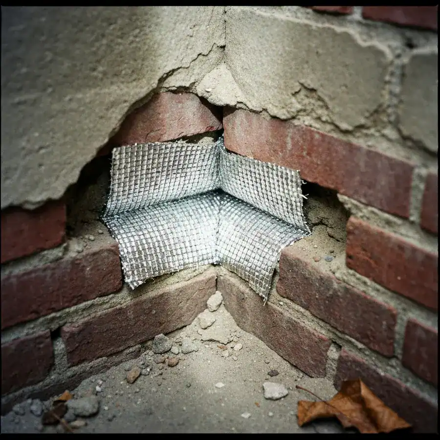 Close-up of metallic Xcluder fabric expanding to fill a jagged crevice in a weathered brick wall.