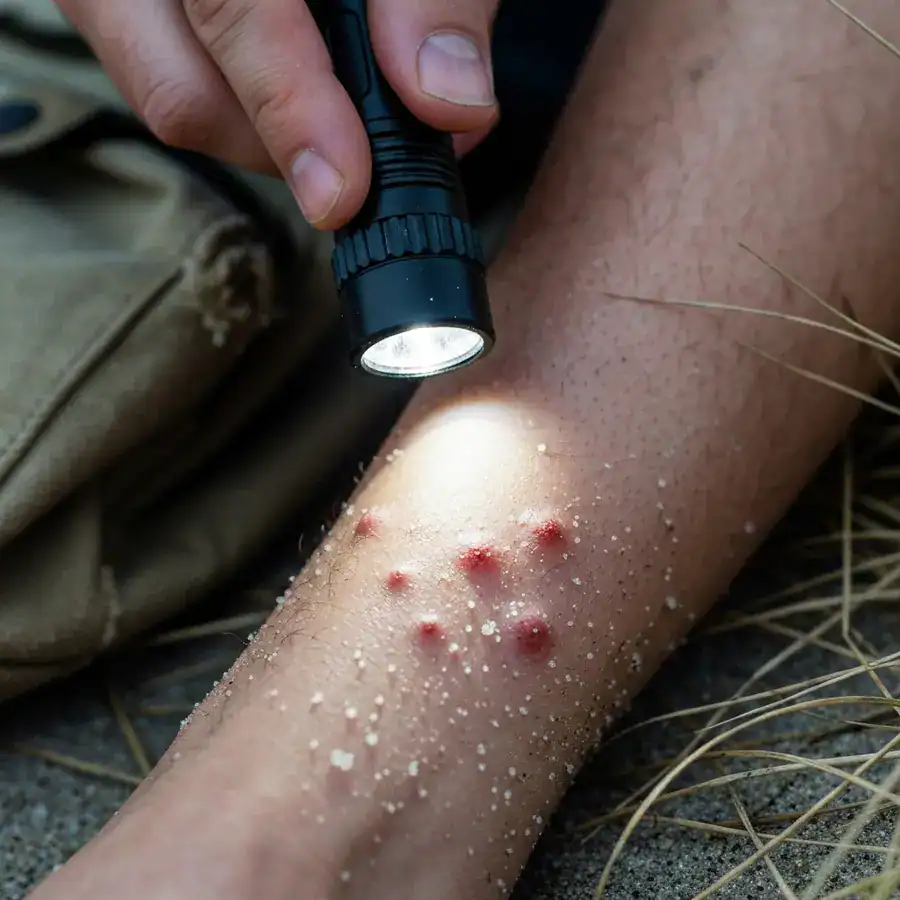 Flashlight beam illuminating a cluster of red welts on a sandy ankle during a documentary field inspection.