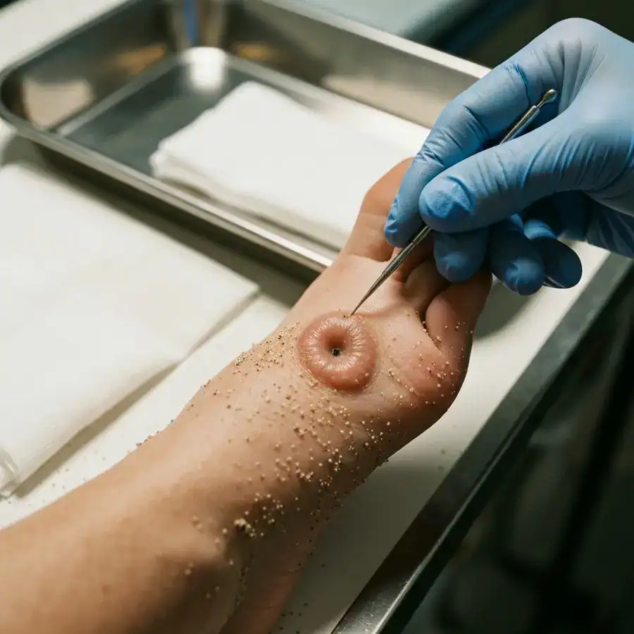 Close-up of a gloved hand pointing at a burrowed chigoe flea lesion on a sandy heel inside a medical clinic.