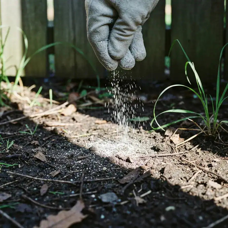 Gloved hand sprinkling Diatomaceous Earth powder onto damp soil and leaf debris in a backyard.