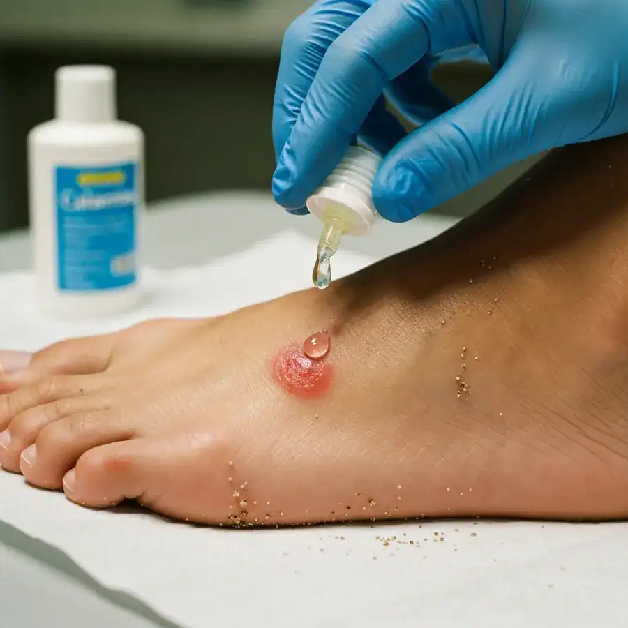Gloved hand applying clear dimeticone oil to a red skin lesion on a patient's heel in a medical clinic.