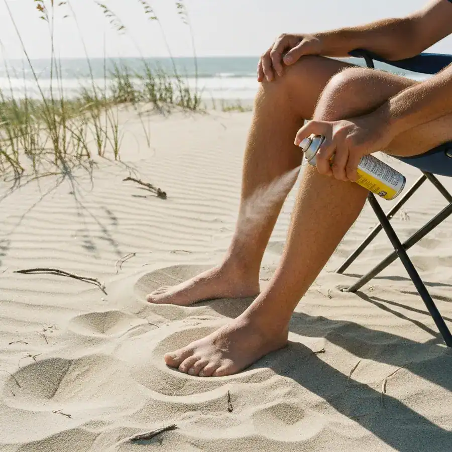 Hand spraying insect repellent on ankles while sitting in a beach chair on dry, sandy dunes.
