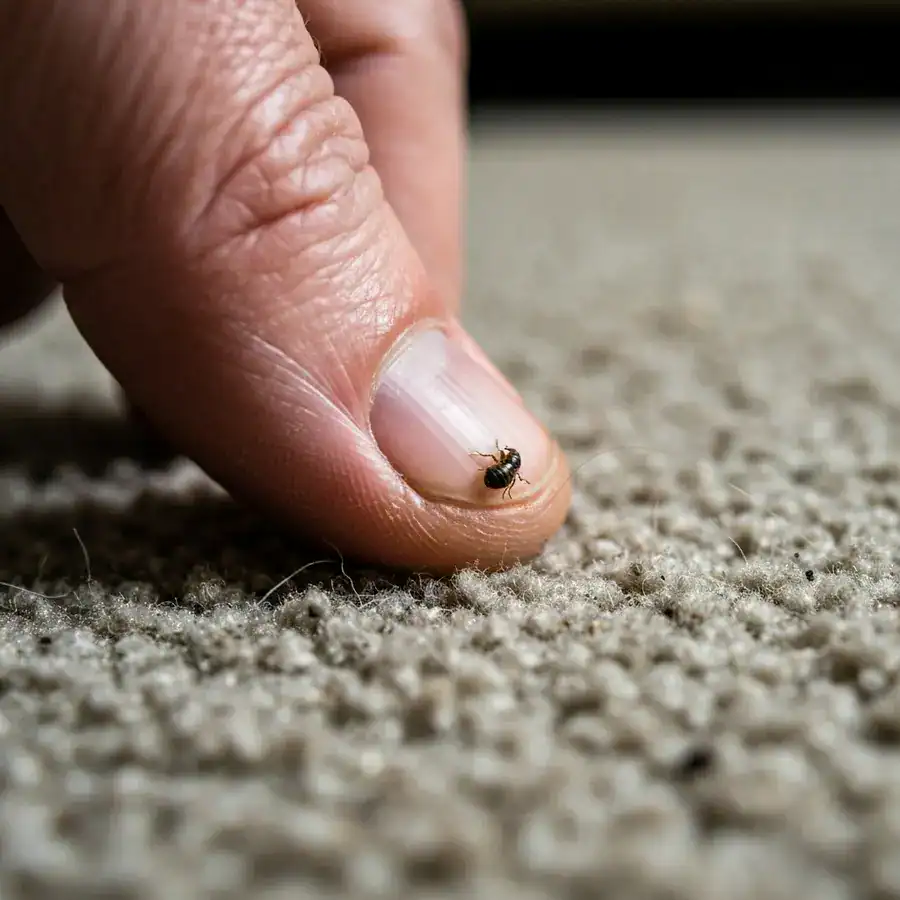 Technician parting carpet fibers to reveal a small, thin flea hiding deep within the weave of an indoor rug.