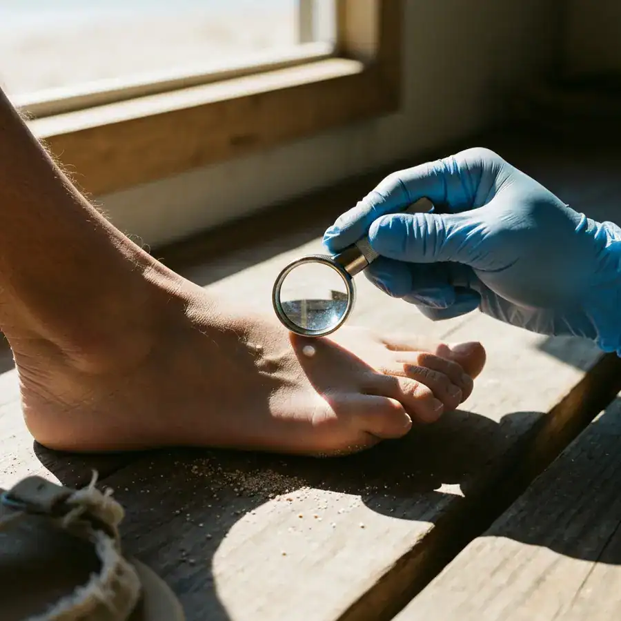 Gloved hand using a magnifying loupe to inspect a tungiasis lesion on a heel within a rustic coastal clinic.