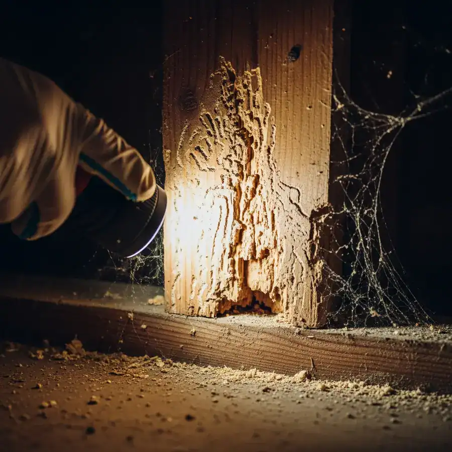 Close-up of joist shows termite damage. Flashlight reveals the extent in a cluttered, unfinished basement.