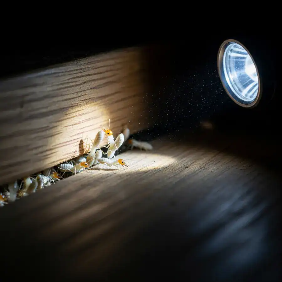 Close-up of frass buildup reflected in a dental mirror; technician inspects sill plate for termite damage in a dark basement.

A section of termite-damaged drywall crumbles as a home inspector's pen presses against it during an inspection. Dust motes hang in the air near a leaky pipe. Documentary, handheld, 35mm, f/2.8, slight film grain, sharp focus, natural lighting.