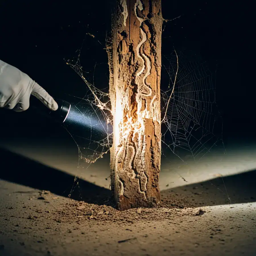 Close-up of termite-eaten wood beam illuminated by flashlight in a dusty, unfinished basement during home inspection.