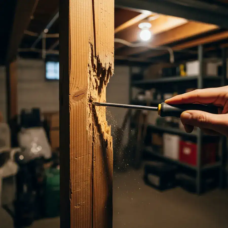Close-up of flashlight illuminating termite frass in wall studs. Indicating hidden termite damage in a cluttered basement.

A structural pest control report rests on a dusty table, partially obscured by an inspector's hand holding a magnifying glass. The background shows a dimly lit crawl space with exposed pipes and insulation. Documentary-style handheld shot on 35mm film. Aperture f/2.8 for shallow depth of field. Slight film grain, sharp focus. Soft, cold light from a nearby window.