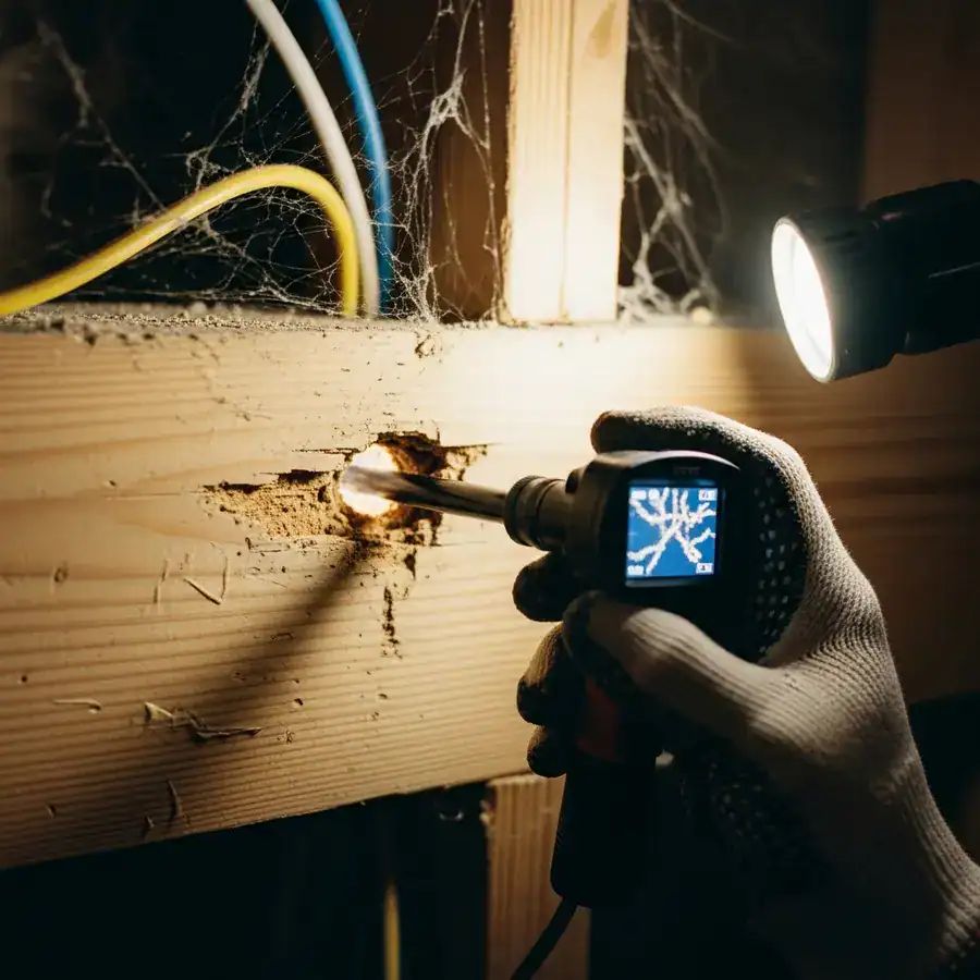 Close-up of frass in damaged studs. Flashlight reveals termite damage in a cluttered basement.
