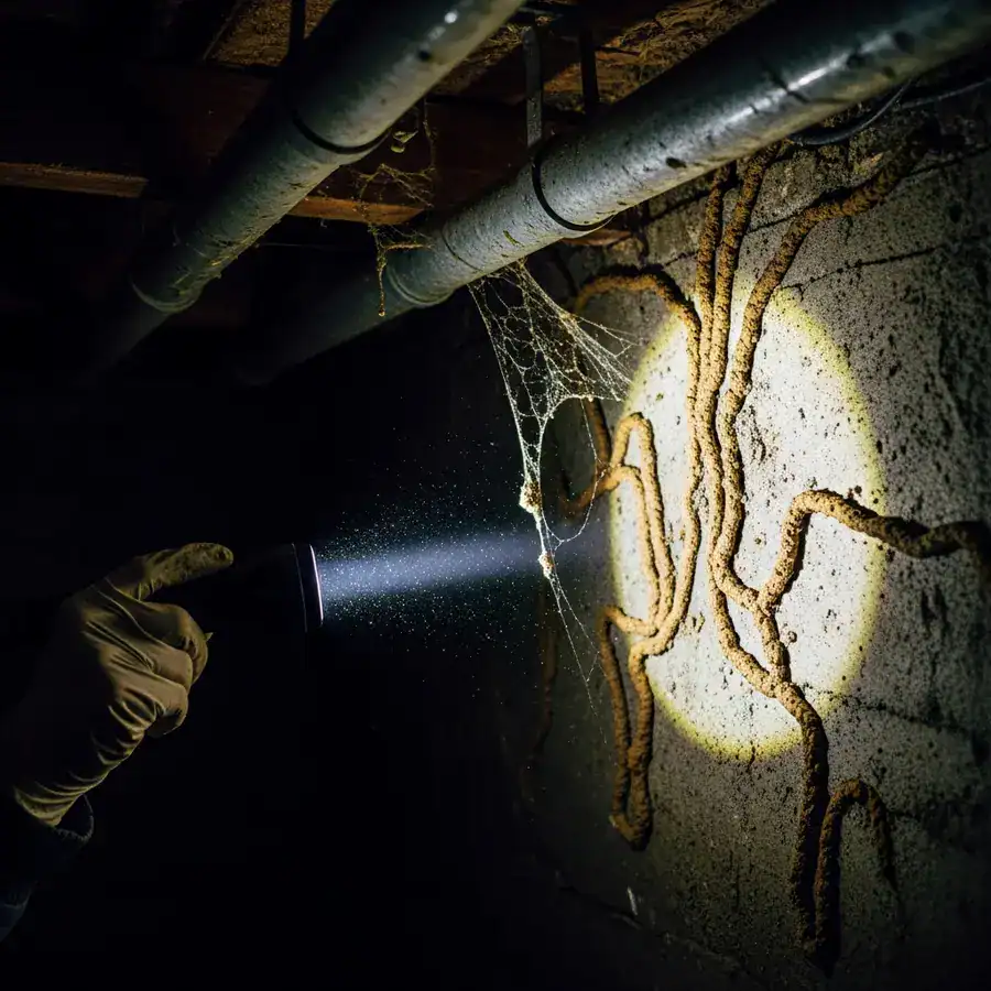 Close-up of mud tubes. Flashlight reveals termite damage in a damp, unfinished basement.
