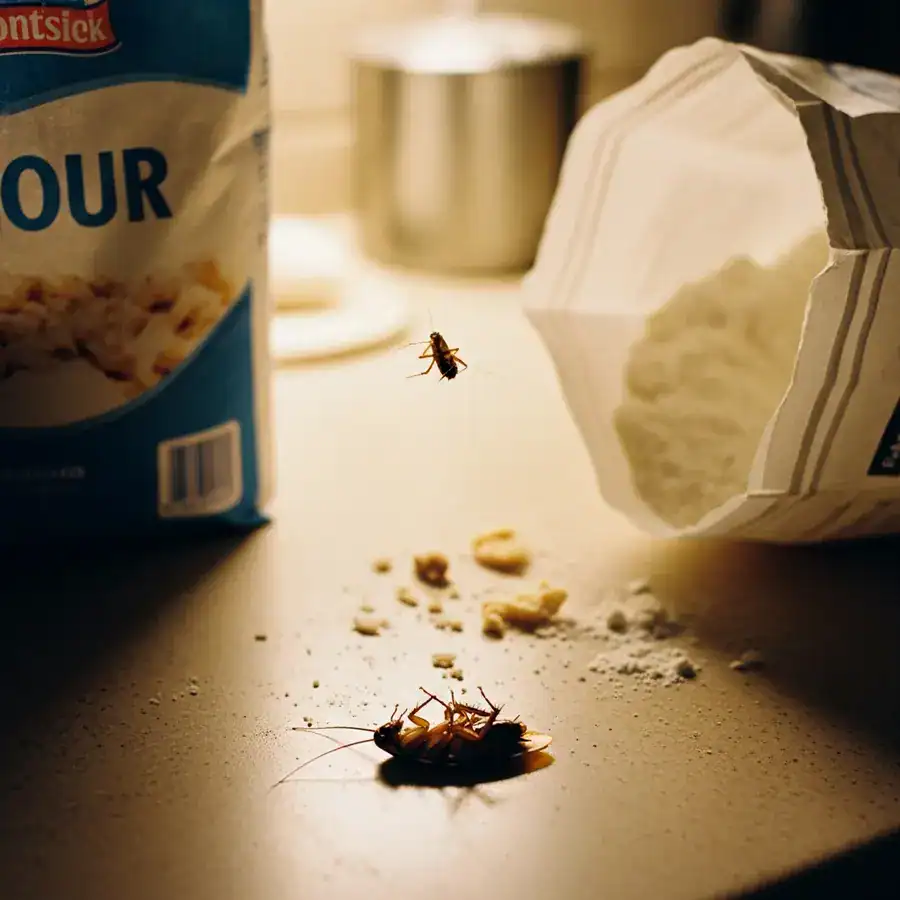 Close-up of wall crack: technician inspecting potential roach entry points in dark, dusty basement.

A partially eaten bag of dry dog food on a stained kitchen floor, surrounded by scattered kibble and a few visible cockroach exoskeletons. Soft, cold light from a basement window illuminates the scene. Documentary-style handheld shot on 35mm film, f/2.8, organic film grain, sharp focus on the cockroach exoskeletons.