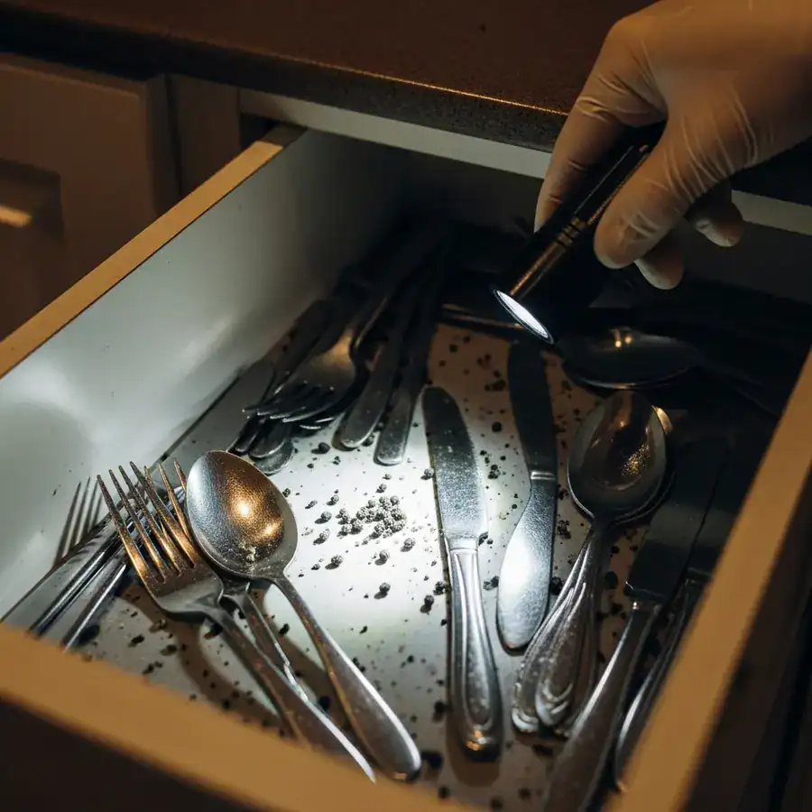 Close-up of roach droppings. Technician inspecting silverware drawer. Dusty kitchen environment with flashlight beam.