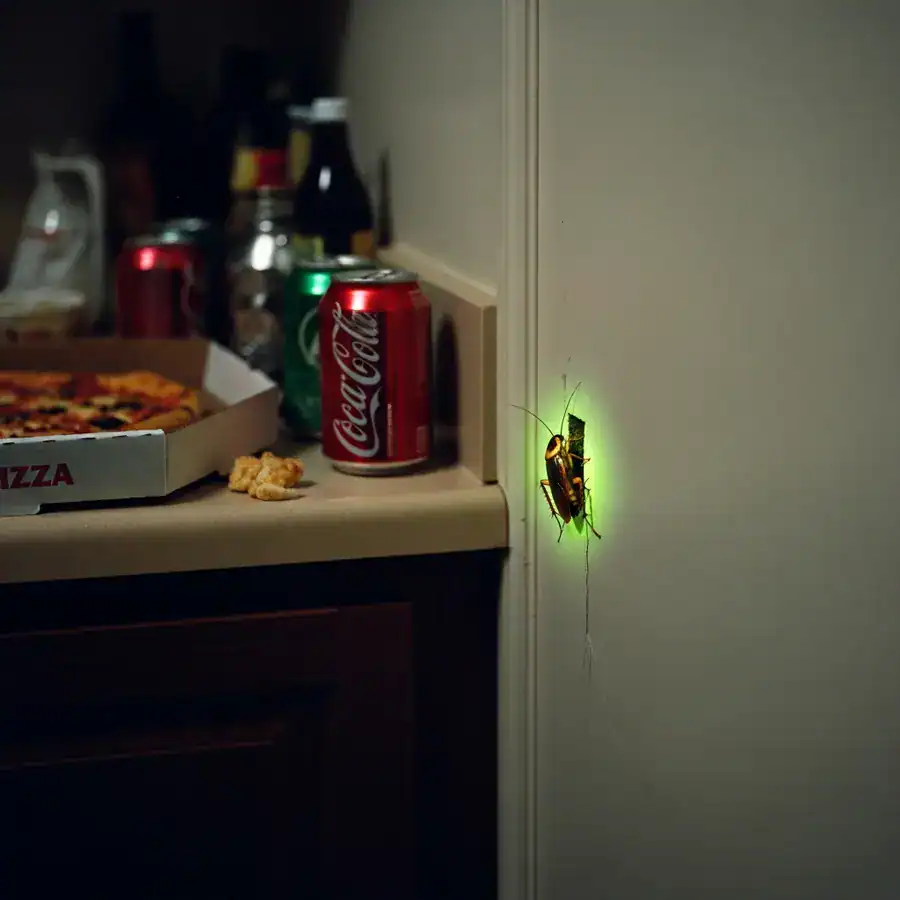 Close-up of roach droppings. Flashlight illuminates the scattered waste behind a dusty, cluttered refrigerator.