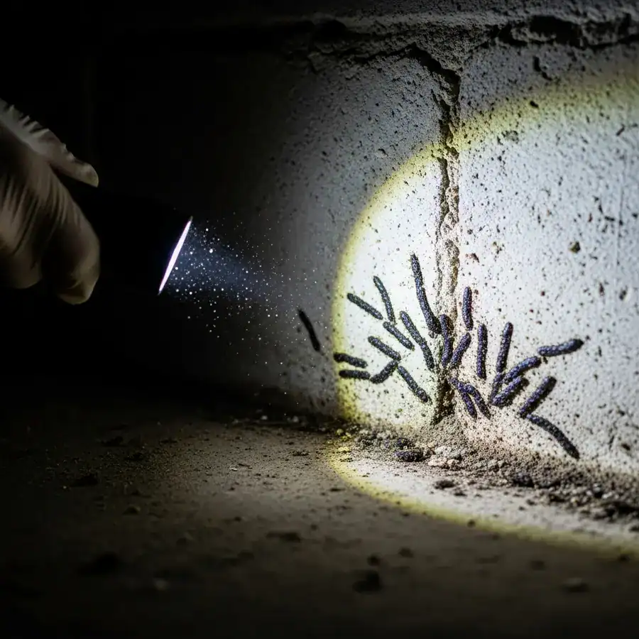 Close-up of roach smear marks. Flashlight illuminates the infested corner where the wall meets the basement floor.