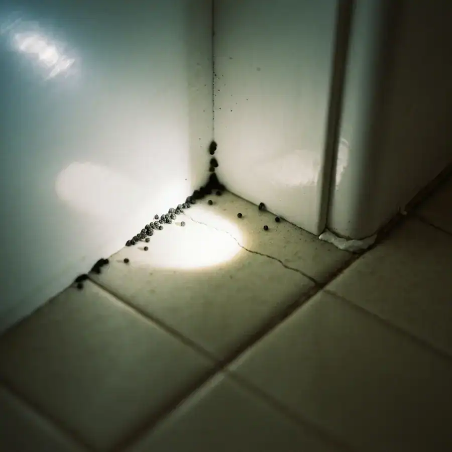 Flashlight beam illuminating silverfish droppings along a white bathroom baseboard during a routine home inspection.