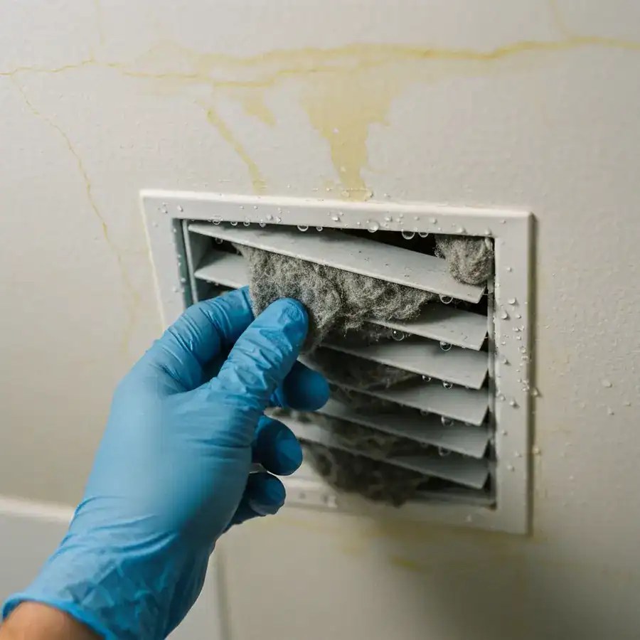 Gloved hand inspecting a dust-clogged exhaust fan vent on a moisture-stained bathroom ceiling.