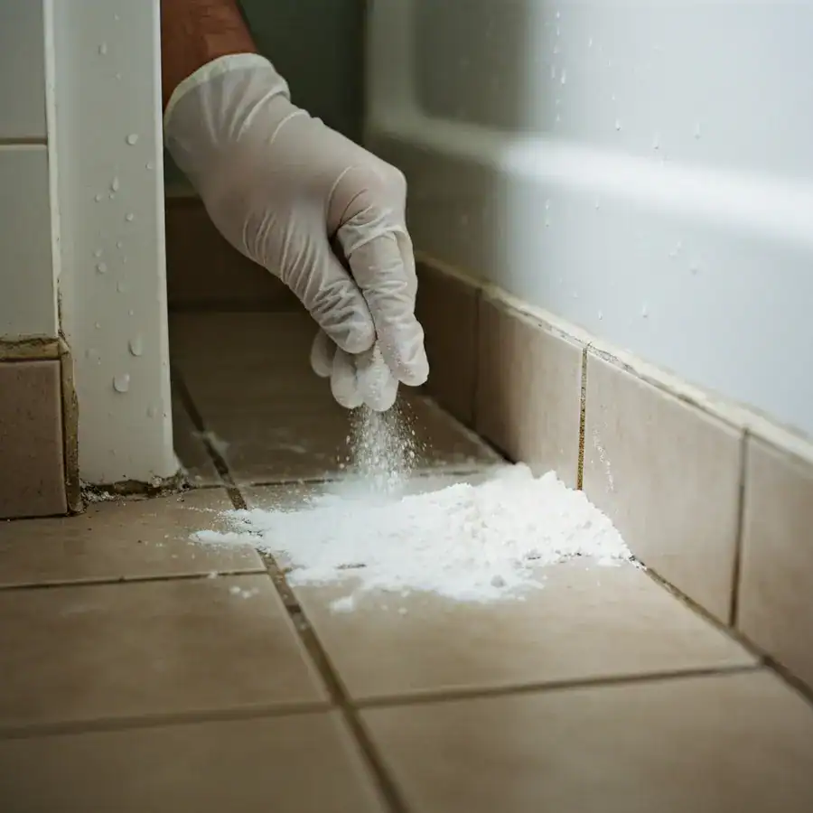 Close-up of white diatomaceous earth powder applied to cracked floor grout next to a damp bathroom bathtub.