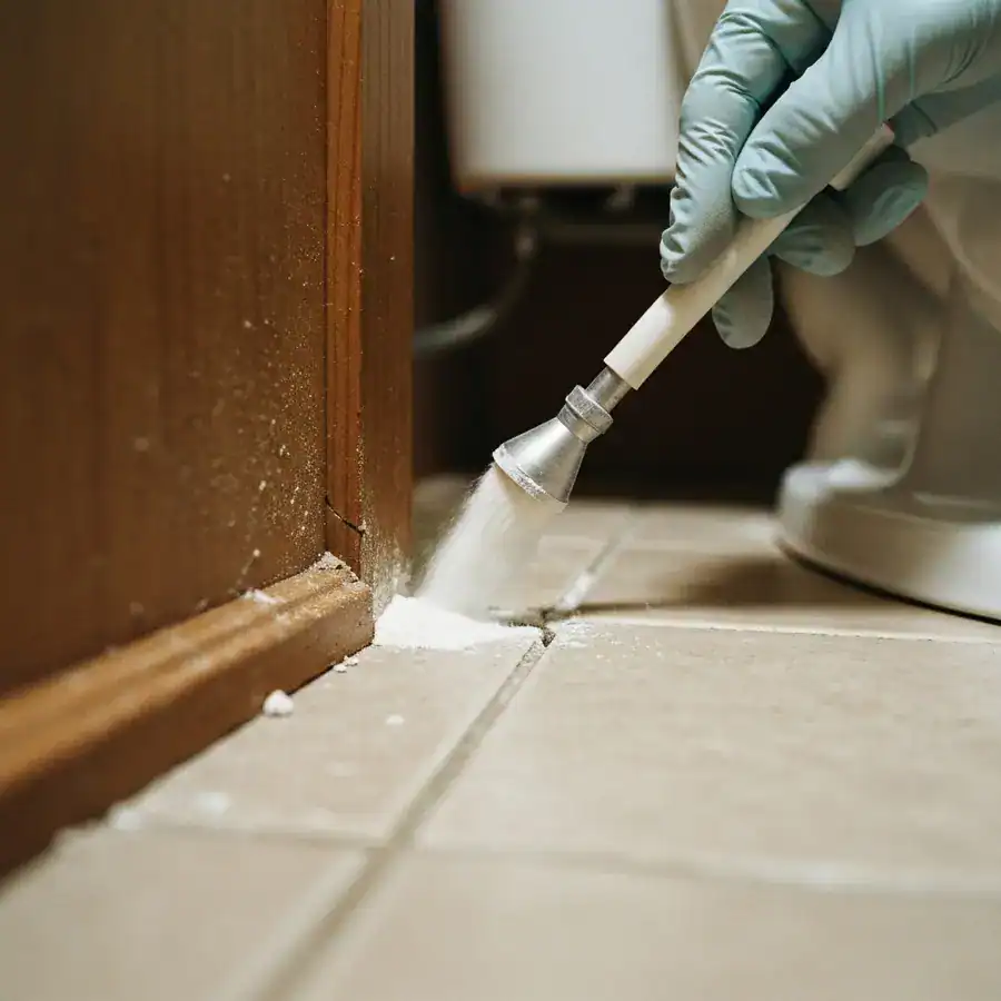 Gloved hand applying white powder into a cracked baseboard gap behind a bathroom toilet.