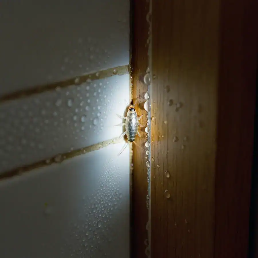 Silverfish illuminated by a flashlight beam in a damp gap between a bathroom vanity and a humid tile wall.