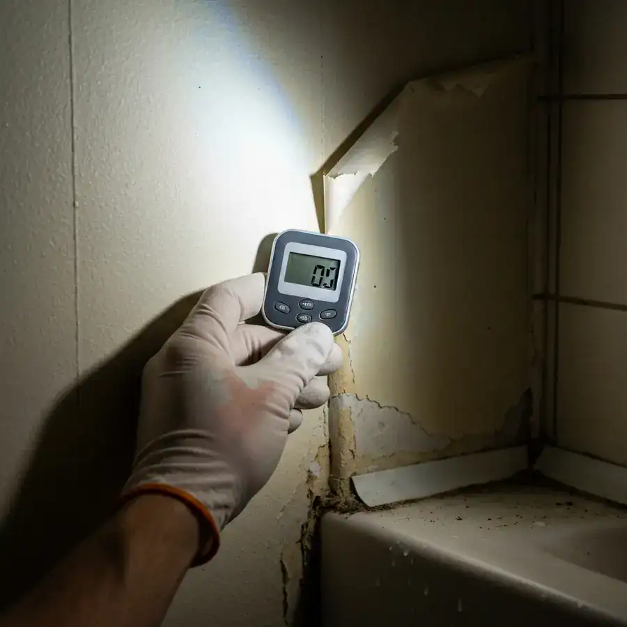 Gloved hand holding a digital humidity sensor against peeling wallpaper in a damp, dimly lit bathroom corner.
