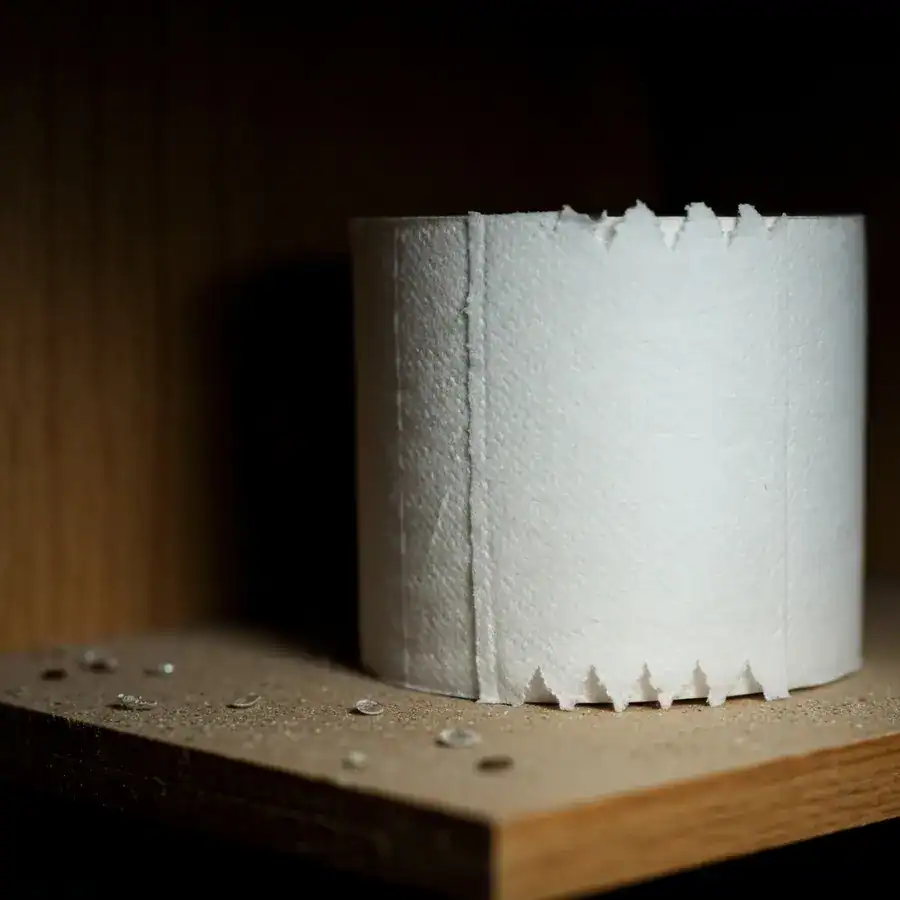 Close-up of a toilet paper roll with notched edges from silverfish feeding inside a dark, damp bathroom cabinet.