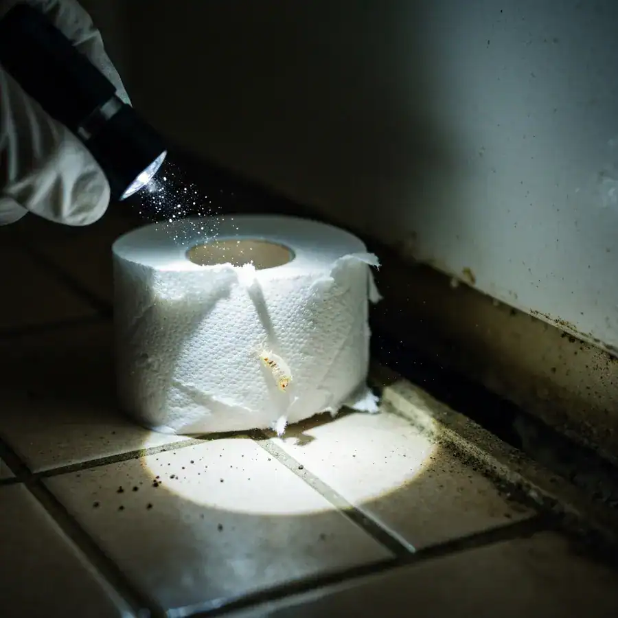 Close-up of notched toilet paper roll illuminated by a flashlight on a dusty bathroom floor near a baseboard.
