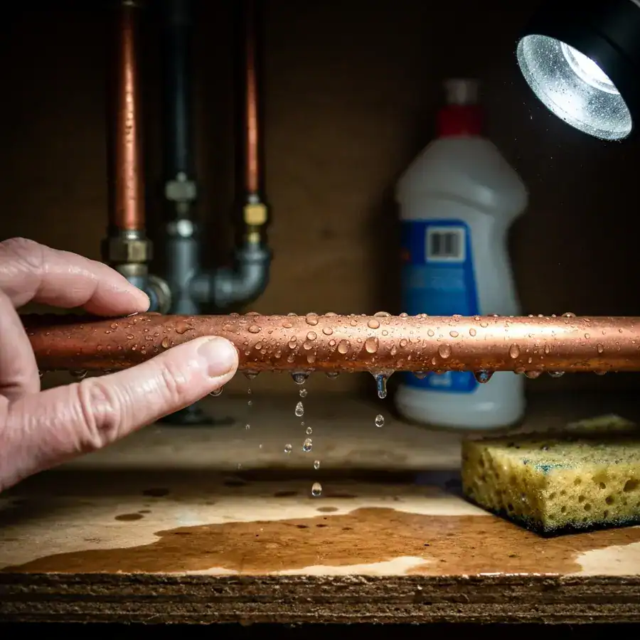 Close-up of sweating copper pipes dripping with condensation inside a dark, cluttered bathroom vanity cabinet.