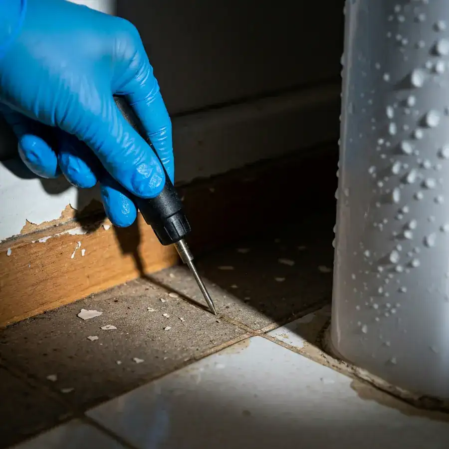 Gloved technician pressing a moisture probe into a damp, swollen bathroom baseboard to detect silverfish habitats.