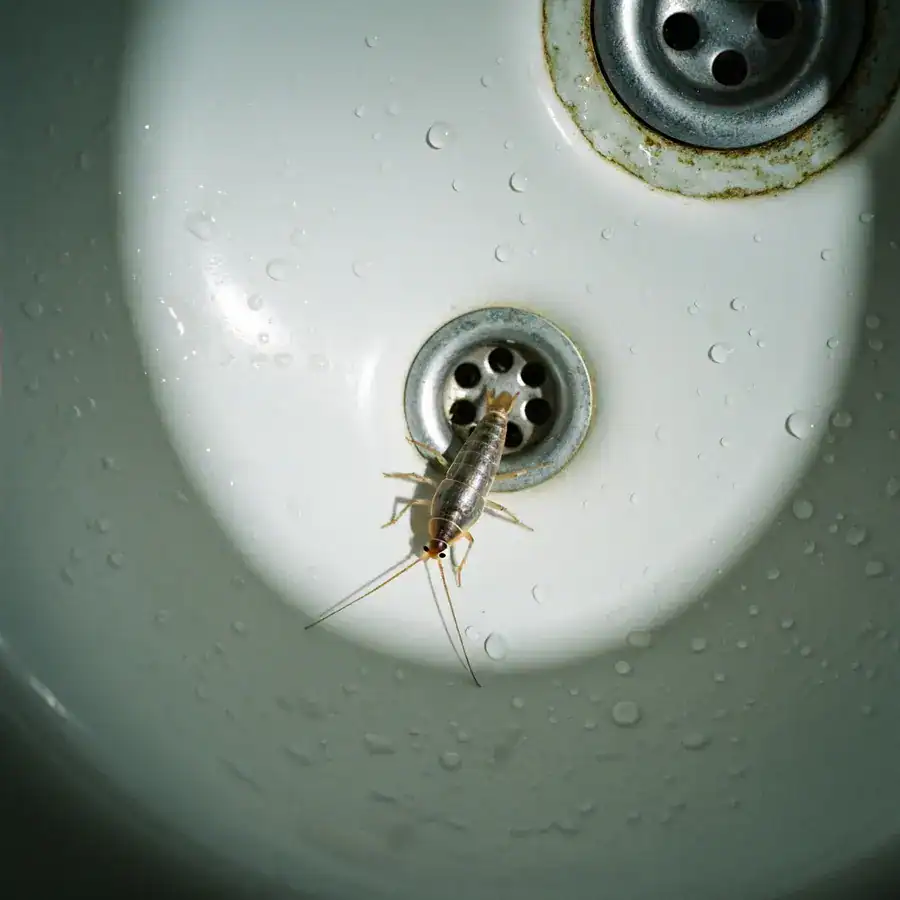 Silverfish trapped in a white porcelain sink basin near a metal drain with scattered water droplets.