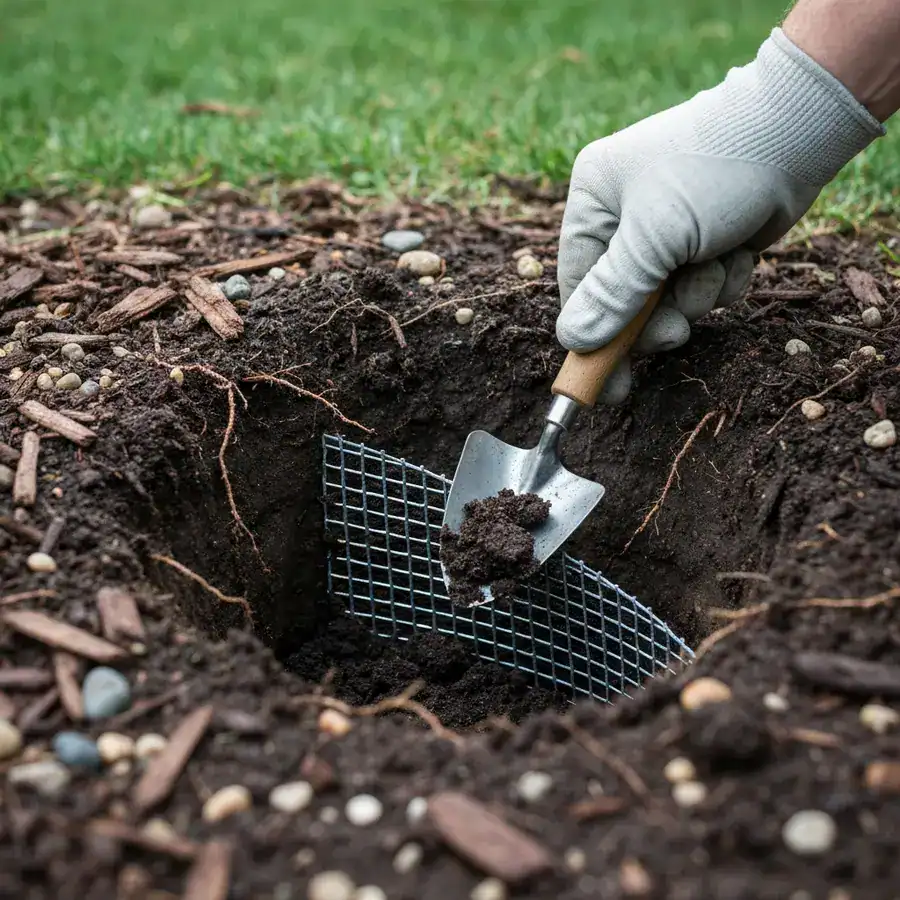 Gloved hand revealing an L-shaped hardware cloth flare buried in a dirt trench next to garden mulch.