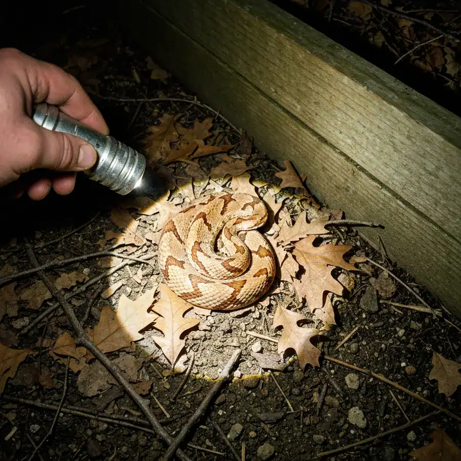 Flashlight beam revealing a camouflaged copperhead snake among dry leaves near a wooden garden bed at night.