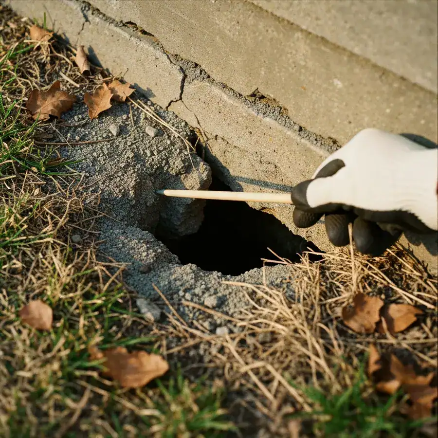 Gloved hand pointing to a dark foundation gap near dry grass, showing a potential snake entry point in a residential yard.